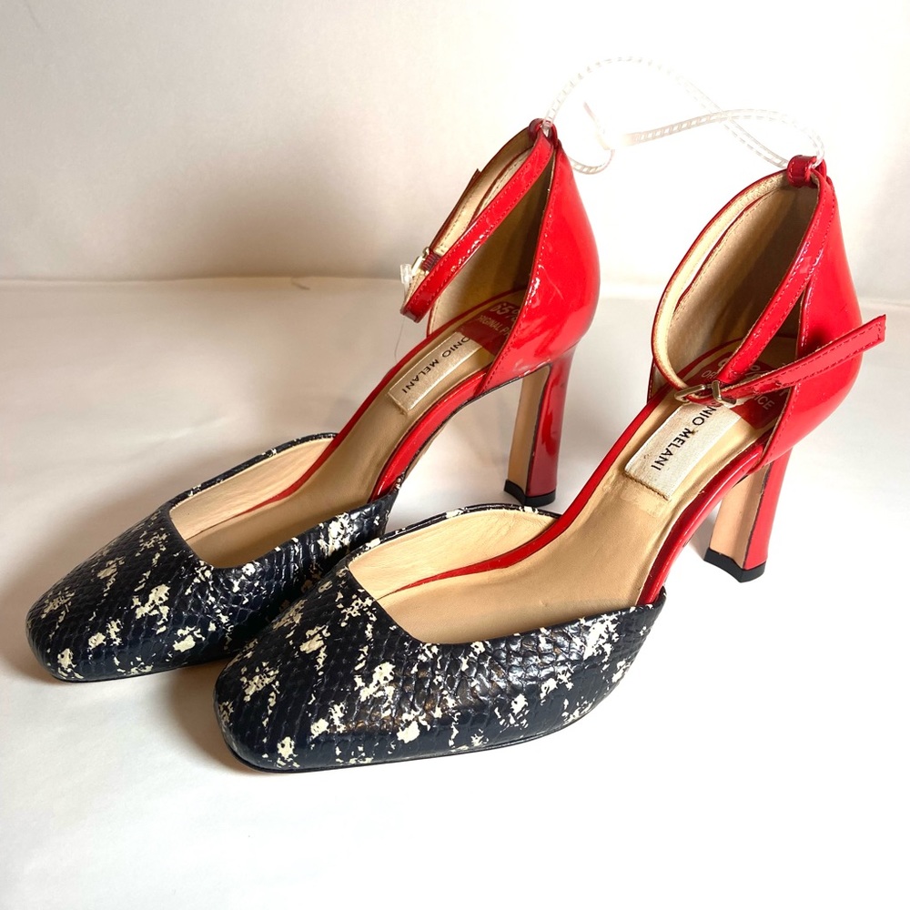 ANTONIO MELANI Red and Black/White Patterned Ankle-Strap Heels - Picture 8 of 10